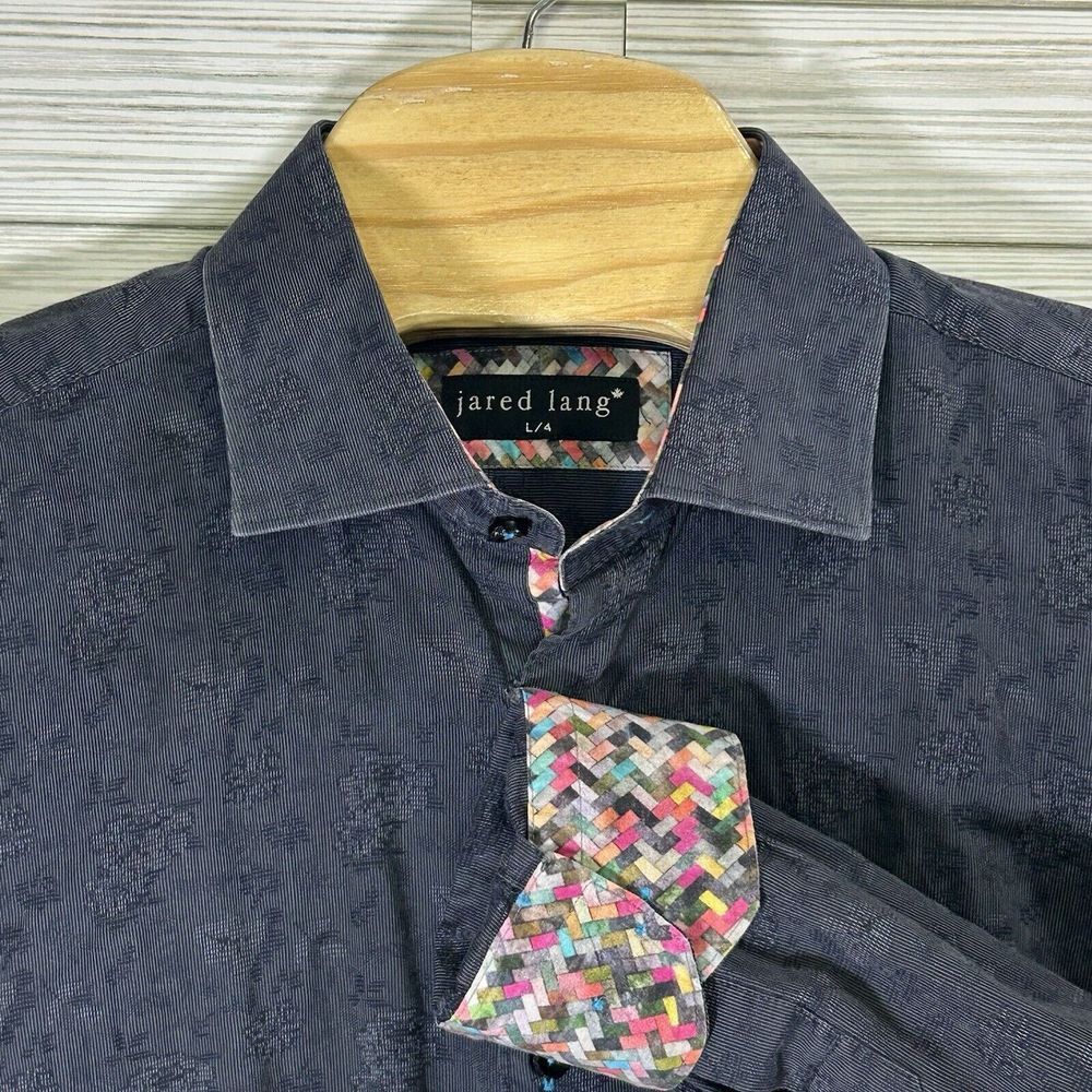 Jared Lang Sz Lg‎ Men's Charcoal Gray Flip Cuff Geometric Shirt Button Up